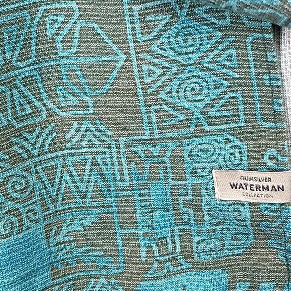 QuikSilver Waterman Hawaiian Camp Shirt Mens XXL Green Gray Aztec AOP Aloha - Picture 7 of 8